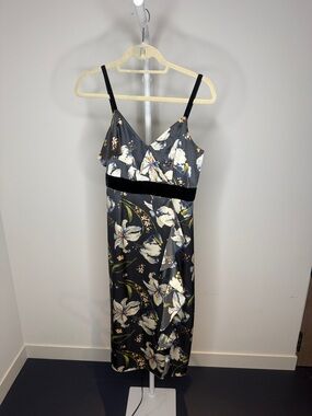 Floral Satin Midi Slip Dress in Charcoal with White Blooms
